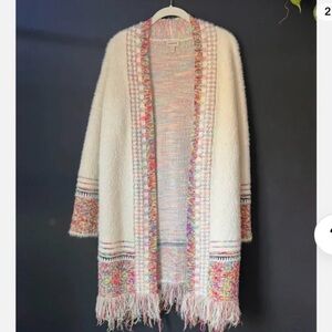 Venario white multicolored fringe duster cardigan